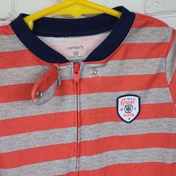 Carters Footed Onesie Pajamas 18M Orange Stripes Baseball Mitt Baby Boys PJS - Picture 5 of 6